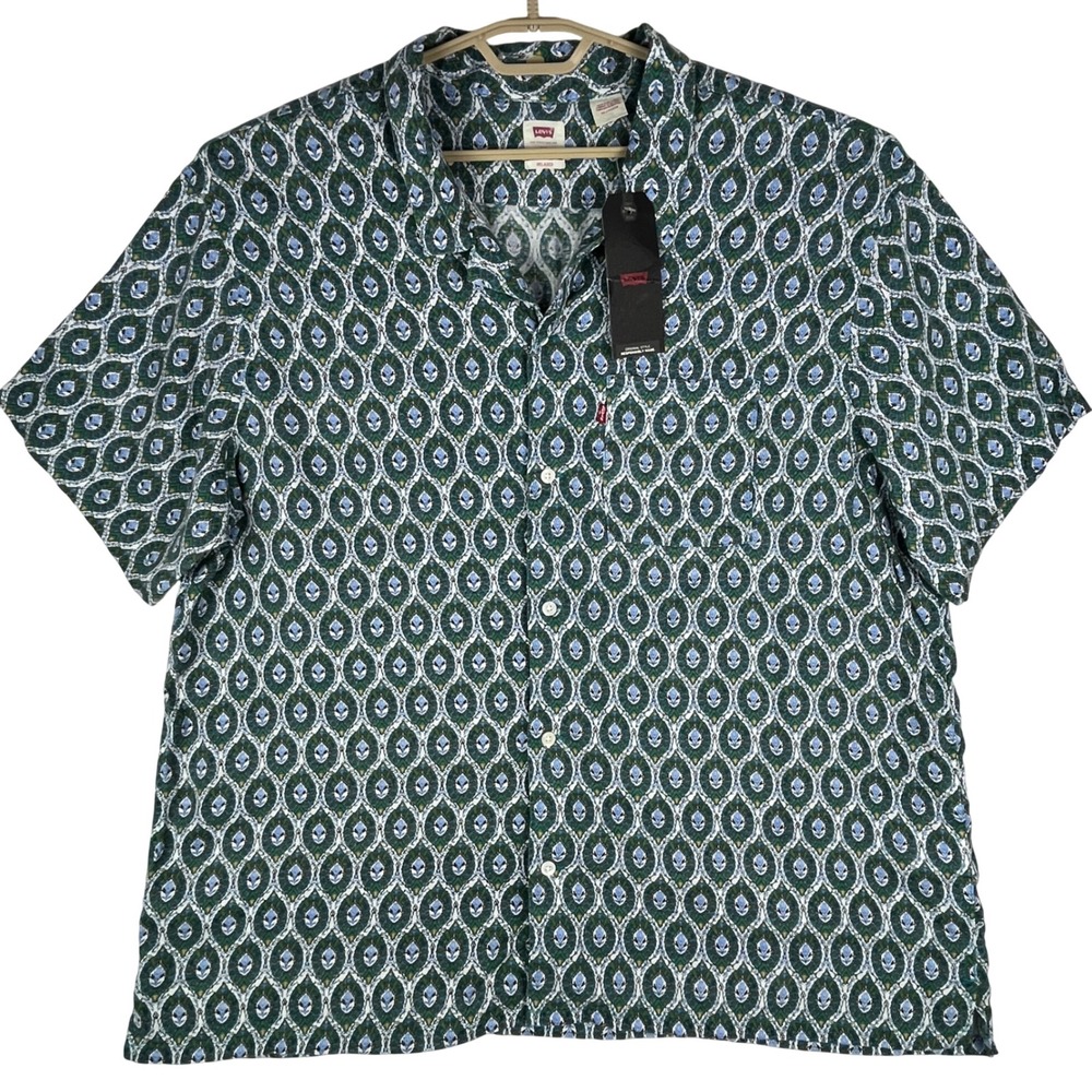 Levis Button Down Shirt Mens‎ XXL Relaxed Fit Green Blue Geometric Floral Print